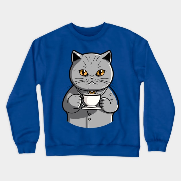 British Shorthair Cat Drinking Coffee Crewneck Sweatshirt by Graceful Designs